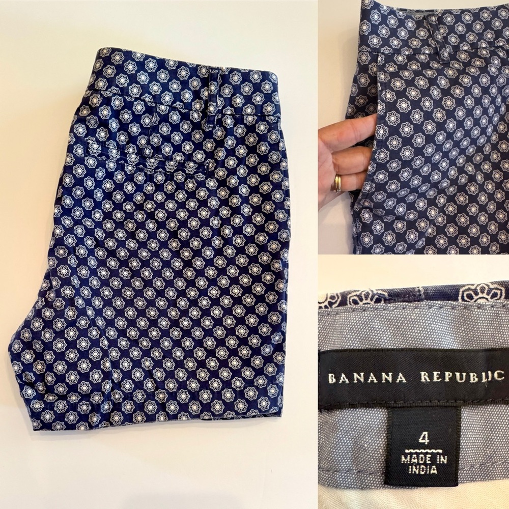 Banana Republic Blue white Shorts Geometric print Sz 4 S Summer Beach Preppy